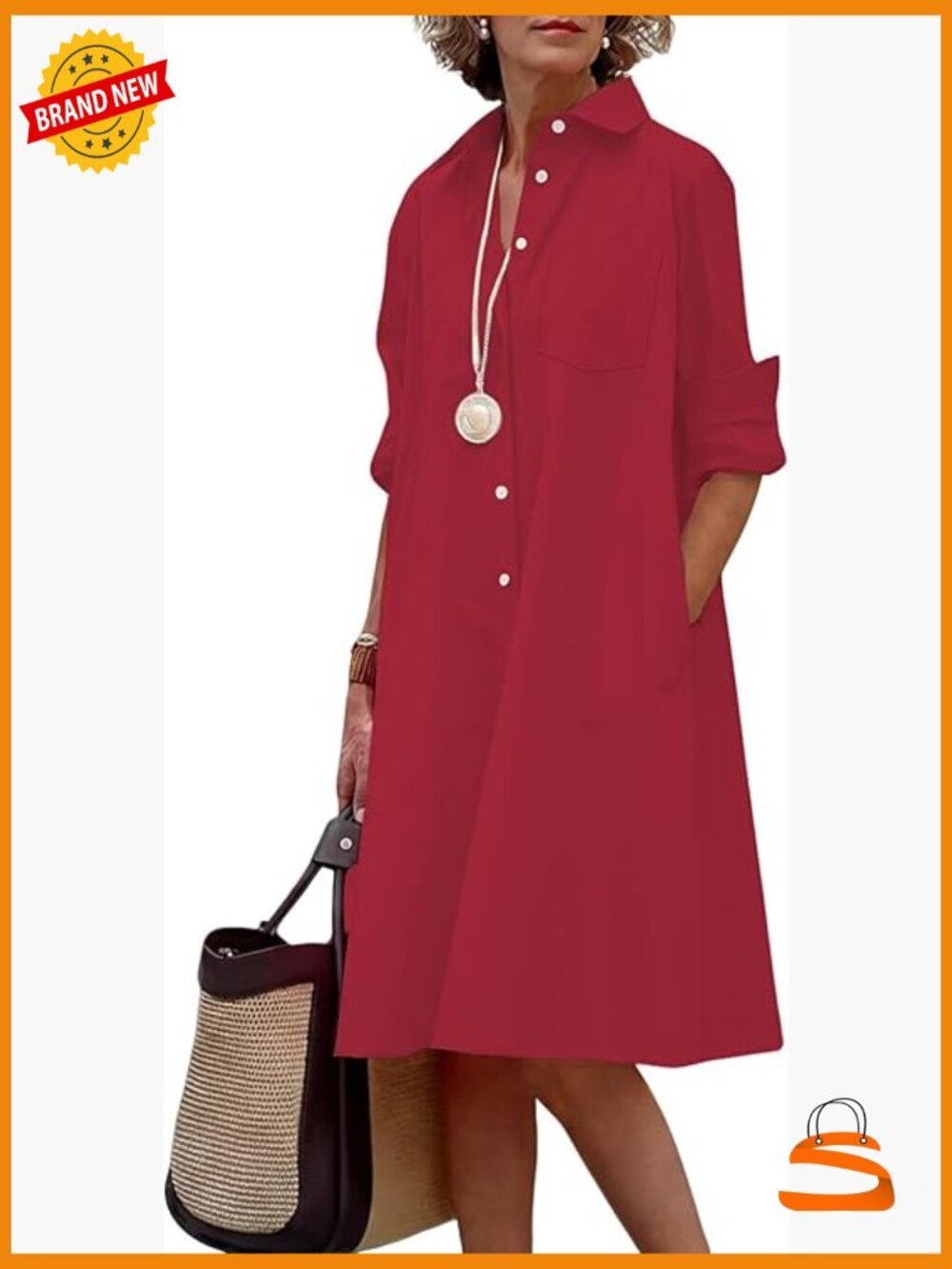 Button Down Midi Shirt Dress with Pockets Casual V-Neck Cotton